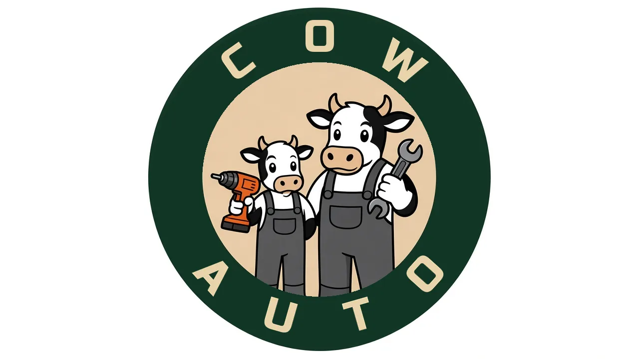 COW Auto logo: two cartoon cows in gray overalls, a big one and a little one